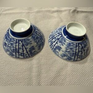 2 Porcelain Japanese Rice Bowls Blue and White Bamboo Pattern
